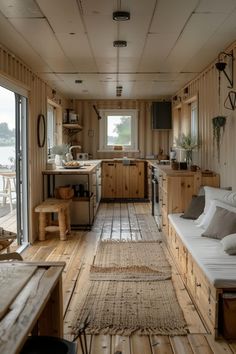 a living area with wooden floors and walls