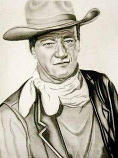 a black and white drawing of a man wearing a cowboy hat with a scarf around his neck