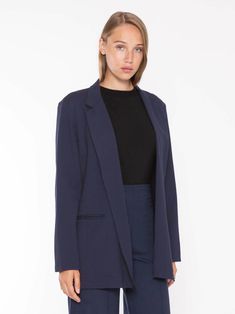 Navy Ponte Knit Oversized Blazer I Ripley Rader Ripley Rader, Navy Jumpsuit, Los Angeles Style, Navy Fabric, Slim Leg Pants, Ribbed Tank Tops, Oversized Blazer, Knit Shorts, Slim Leg