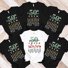 six t - shirts with the number 50 and fifty years printed on them