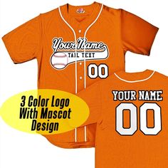 Craft your own custom fan gear with our Custom Orange Baseball Jersey, complete with White Piping. Personalize it with your team's name as a Baseball Logo, player name, and numbers for a truly unique look. This classic traditional Professional Grade full button piped jersey is made of comfortable and breathable mid weight moisture wicking stretch mesh material. Features include an authentic sewn-on braid and extra wide spacing on the front between the upper buttons to fit a large team logo, incl Name Print Jersey For Sports Events, Team-colored Cotton Baseball Jersey With Team Name, Collegiate Baseball Jersey With Team-colored Name Print, Collegiate Team-colored Baseball Jersey With Name Print, Collegiate Baseball Jersey With Name Print In Team Colors, Customizable Collegiate Cotton Jersey, Collegiate Jersey With Team Colors And Name Print, Team Spirit Cotton Jersey With Team Name, Collegiate Team-colored Jersey With Name Print