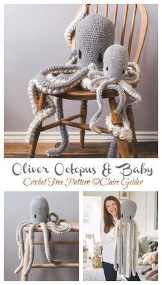 crochet octopus and baby sitting on a chair with the text overlay that says,