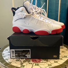 Jordan 6 Rings (Gs) White/University Red-Black Womans Jordan Six Gold Hoops Size 7, Jordan 6 Rings Pink, 6 Rings Jordans, Jordan 6 Rings Black Ice, Air Jordan 6 Retro White And Red, Jordan 6 Rings, Jordan 6, Kids Nike, Girly Shoes