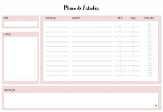 a printable planner with the words plan de sudes in pink and black on it