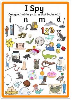 an orange and white poster with words on it that say i spy can you find pictures that begin with?