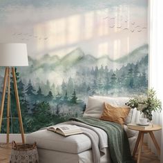 Watercolor Forest Mural Peel and Stick Wallpaper - Serene Green Mountain Landscape Living Room Murals, Forest Mural, Watercolor Forest, Mountain Wallpaper, Watercolor Wallpaper, Watercolor Trees, Green Mountain, Wallpaper Living Room, Green Tones