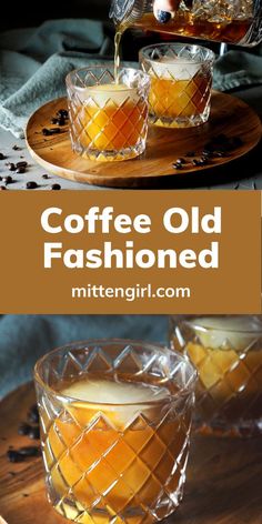 coffee is being poured into two glasses on top of a cutting board with the words coffee old