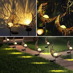 the solar powered garden lights are designed to look like crescents and moon's