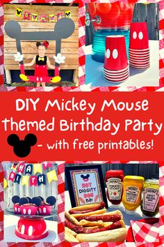 DIY MIckey Mouse Themed decorations for a birthday party along with free printables for signage Mickey Themed 1st Birthday, Easy Summer Birthday Party Food, Mickey Mouse 1st Birthday Food Ideas, Diy Mickey Party Decorations, Mickey Mouse 1sr Birthday Party, Mickey Themed Birthday Food, 2nd Mickey Mouse Birthday, 3 Mickey Mouse Birthday, Mickey Mouse Ideas Decoration