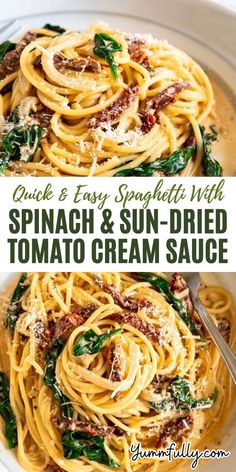 spinach and sun dried tomato cream sauce in a white bowl with text overlay