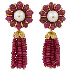 Ruby Pearl Detachable Tassel Earrings | See more rare vintage Drop Earrings at https://www.1stdibs.com/jewelry/earrings/<null> Luxury Ruby Latkans Earrings, Ruby And Pearl, Pearl Centerpiece, Vintage Drop Earrings, Ear Clips, Tassel Earrings, Vintage Earrings, Bling Bling, Ear Piercings