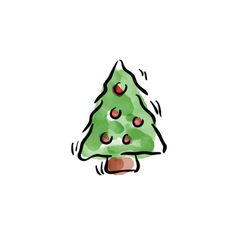 a drawing of a green christmas tree with red balls on it's top and bottom