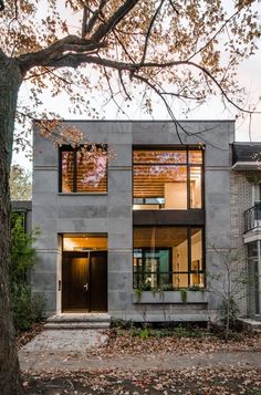 a modern house with large windows and lots of leaves on the ground in front of it