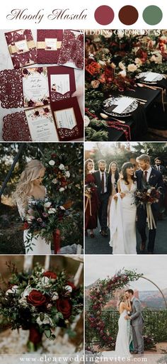 a collage of wedding photos with red and white flowers, greenery and burgundy accents