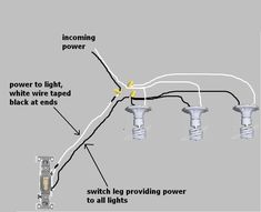 an electrical wiring diagram with three lights and one switch on the wall, two wires connected to