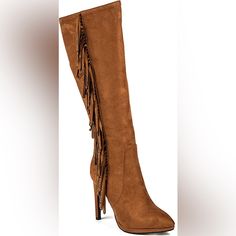 Brown Suede Fringe Boots With Crystals. Brand New In Box. Brown Suede Party Boots, Party Suede Brown Boots, Brown Suede Boots For Party, Suede Fringe Boots, Couture Shoes, Fringe Boots, Suede Fringe, Heel Sandals, Brown Suede