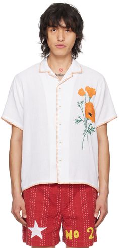 Handcrafted mock leno-woven cotton shirt. Whipstitching throughout. · Open spread collar · Button closure · Floral graphic embroidered at front Supplier color: Off white Summer Embroidered Button-up Camp Shirt, Embroidered Button-up Camp Shirt For Summer, White Camp Collar Top With Floral Embroidery, Casual Collared Camp Shirt With Floral Embroidery, Casual Tops With Floral Embroidery And Spread Collar, Casual Floral Embroidered Collared Camp Shirt, Casual Floral Embroidery Tops With Spread Collar, Spring Casual Camp Shirt With Floral Embroidery, Relaxed Fit Shirt With Floral Embroidery And Camp Collar