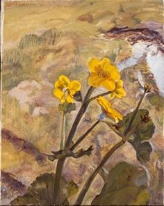 an oil painting of yellow flowers on a brown and beige background with water in the distance