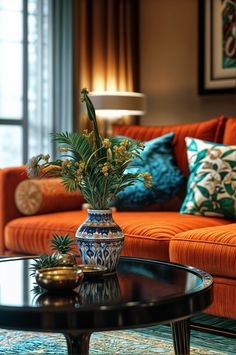 a living room with an orange couch, coffee table and potted plant in the center