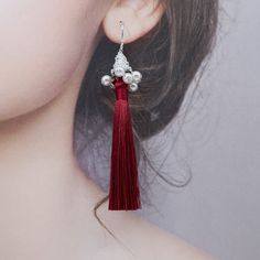 Elevate any outfit with these handmade tassel earrings. Made with premium silk tassels and faux pearl tassel caps, featuring a delicate filigree pattern. A perfect gift for New Year's or Christmas. Style them with a simple dress or blouse for an elegant look, pair with flowy top and denim for a bohemian vibe, or dress up a casual outfit with these statement earrings. Showcase the earrings fully by wearing your hair up, and perfect for special occasion like weddings or parties. ⚜Item Specifics ❀