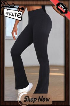 Black High Waist Tummy Control Flared Sports Pants Casual Mid-rise Moisture-wicking Leggings, Black Comfort Stretch Wide Leg Yoga Pants, Black Wide Leg Yoga Pants With Comfort Stretch, Stretch Sportswear Bottoms For Gym, Casual Compression Pants With Elastic Waistband, Sporty Black High Waist Yoga Pants, Black Stretch Sportswear Bottoms, Casual Black Training Leggings, Moisture-wicking Wide Leg Yoga Pants For Gym