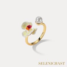 Plating: 18K Gold Materials: 18K Gold on Brass, Freshwater Pearls, Enamel Size: Adjustable Weight: 2.4g Gold Flower Ring, Pearl Gifts, Elegant Lady, Enamel Necklaces, Ring Stand, Enamel Ring, Enamel Paint, Enamel Flower, Gold Flower