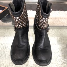 Ash Titn Studded Biker Boots Sturdy Distressed Leather Super Cool Never Used Great Condition Missing One Buckle Loop Left Boot See Pic Above Celebrities Fav Rocker Leather Boots With Studs, Leather Rocker Boots With Studs, Punk Leather Moto Boots With Silver Studs, Edgy Ankle-high Studded Moto Boots, Winter Ankle Moto Boots With Studded Rubber Outsoles, Edgy Leather Moto Boots With Spikes, Edgy Ankle Moto Boots With Spikes, Edgy Ankle-high Moto Boots For Fall, Edgy Spiked Ankle Moto Boots