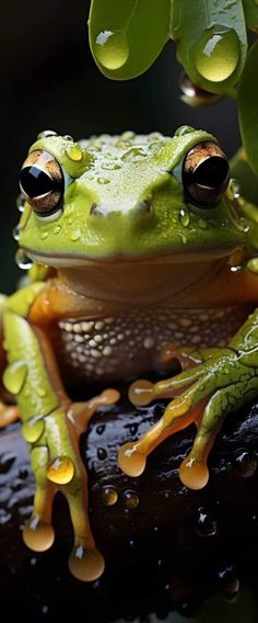 a green frog sitting on top of a tree branch with drops of water around it