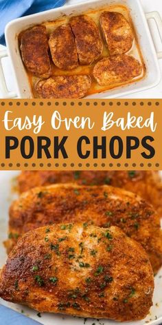 easy oven baked pork chops in a casserole dish with text overlay