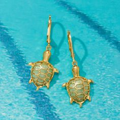 Ross-Simons - Jade Turtle Drop Earrings in 18kt Gold Over Sterling. Accessorize with your favorite animal! Our adorable turtle drop earrings boast 11x9.5mm pear-shaped jade cabochon shells, brought to life with 18kt yellow gold over sterling silver details. Hanging length is 1 3/8". Leverback, jade turtle drop earrings. Turtle Ring, Turtle Bracelet, Turtle Earrings, Turtle Necklace, Synthetic Opal, Turtle Pendant, Favorite Animal, Black Enamel, White Diamond