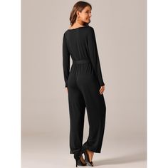 This jumpsuit is designed to provide both comfort and fashion-forward style, making it perfect for various occasions. The long wide leg design of this jumpsuit not only provides freedom of movement but also gives an effortlessly chic and trendy vibe. The stretchy fabric ensures a comfortable fit, while the concealed back zipper closure allows for easy on and off. Perfect for dating, wedding guest events, parties, evening clubs, proms, beach outings, vacations, formal events, birthdays, and gradu Wide Leg Solid Color Jumpsuits And Rompers For Loungewear, Wide Leg Loungewear Jumpsuit, Solid Color Wide Leg Jumpsuits For Loungewear, Wide-leg Jumpsuits For Loungewear, Solid Color Wide Leg Jumpsuits And Rompers For Loungewear, Black Wide Leg Jumpsuits For Loungewear, Black Wide Leg Jumpsuits And Rompers For Loungewear, Black Full-length Jumpsuits And Rompers For Fall, Solid Color Wide Leg Jumpsuits For Fall