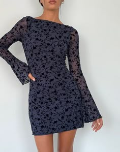 Navy Flocked Petal Long Sleeve Mini Dress | Sevila – motelrocks-com-us Short Homecoming Dress Long Sleeve, Mini Dress With Mesh Sleeves, Cheap Short Sleeve Holiday Dresses, Trendy Holiday Party Dress, Christmas Fitted Dress, Long Sleeve Minu Dress, Holiday Dresses With Nylons, Holiday Party Dresses Lulus, Short Dresses With Sleeves Formal