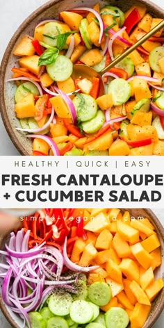 fresh cantaloupe and cucumber salad in a bowl with chopsticks