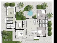 an aerial view of the floor plan of a house with swimming pool and palm trees