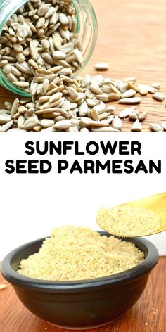 sunflower seed parmesan in a bowl and spoon on a wooden table with text overlay