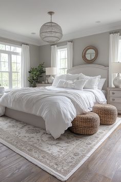 a large white bed sitting in a bedroom next to two windows