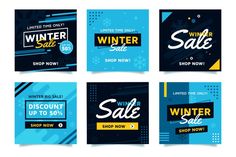 four different winter sale banners with blue and yellow colors on the front, black and white background