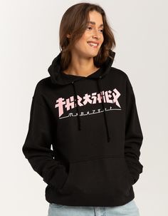 Thrasher Godzilla Hoodie. Graphic On Chest. Front Pouch Pocket. Drawstring Hood. Cuffed Long Sleeves And Hem. Fleece Lining. 80% Cotton 20% Polyester. Machine Wash. Imported. Model Is Wearing A Size Small. Model Measurements:height: 5'8" Bust: 34"waist: 25"hips: 37.5" Streetwear Fleece Top With Kangaroo Pocket, Fleece Top With Kangaroo Pocket For Streetwear, Wwe T Shirts, Flannel Sweatshirt, Girls Graphic Tee, Girls Blouse, Graphic Tee Shirts, Sweaters And Jeans, Black Hoodie