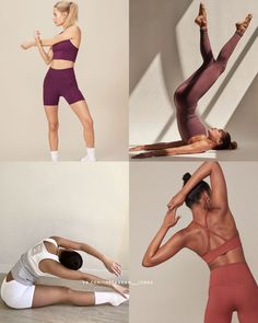 four photos of women doing yoga poses with their arms in the air and one on the ground