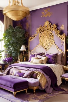 Discover the Royal Oasis, a dream bedroom adorned in gold and violet purple. This room exudes regality with its baroque gold-leaf headboard, plush violet furnishings, and opulent decor. Lush plants breathe life into the space, complementing the rich colors. The golden chandeliers and ornate accents, paired with the elegance of violet, create a palatial ambiance. Lose yourself in this sumptuous sanctuary where luxury, comfort, and nature are woven into a tapestry of splendor. Purple And Gold Room Ideas Bedrooms, Purple Gold Bedroom Ideas, Purple White And Gold Bedroom, Gold Purple Bedroom, Purple Gold Decor, Purple And Gold Room Ideas, Purple Gold Black Bedroom, Purple And Gold Bedroom Ideas Girl Rooms, Purple And Gold Room