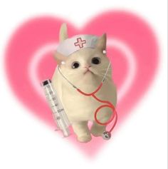 a white cat with a stethoscope in its mouth and wearing a nurse's hat