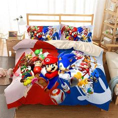 a bed with mario and other characters on it