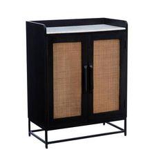 a black cabinet with two doors and wicker panels on the front, against a white background