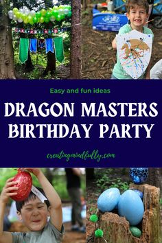 dragon masters birthday party with balloons and streamers on the trees, including an inflatable ball