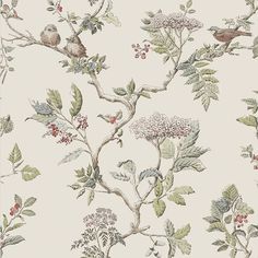 a wallpaper with birds, berries and leaves on the branches is shown in this image