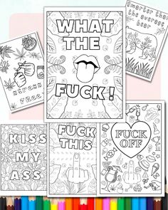 four coloring pages with the words, what the f'flickk? and an image of