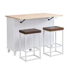 two stools sitting next to a table with a counter top on it and one chair at the end