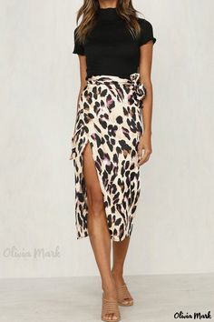 Olivia Mark - European Style Wild Leopard Print High-Waisted Split Hem Skirt Split Hem Skirt, Wild Leopard, Leopard Skirt, Maxi Dress Pattern, Summer Work Outfits, Split Maxi Dress, Hem Skirt, Patchwork Dress, Tiger Print