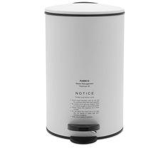 a white and black canister with the word notice printed on it's side