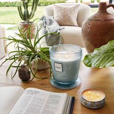 an open book sitting on top of a table next to a candle and potted plant